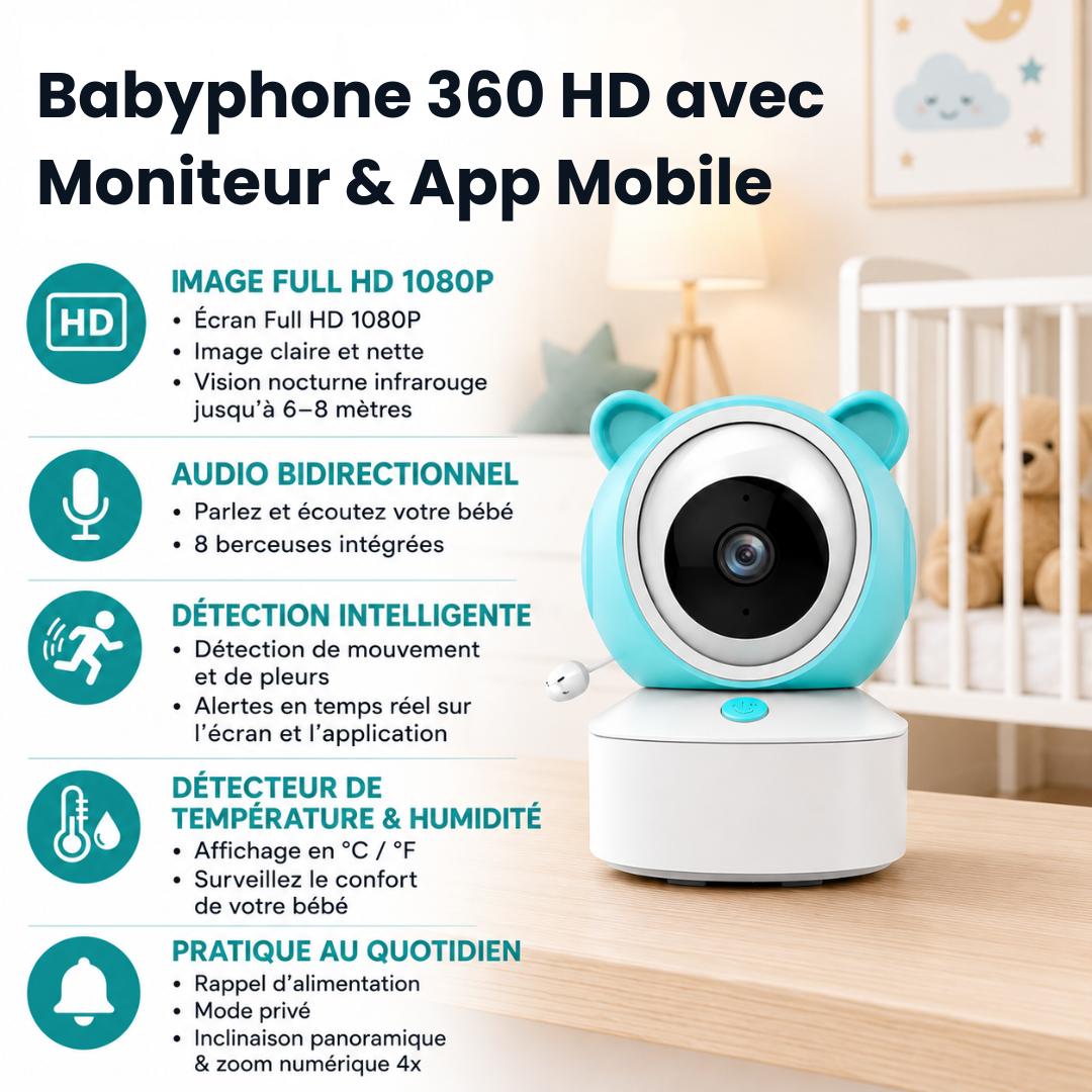 Babyphone 360 HD avec Moniteur & App Mobile
